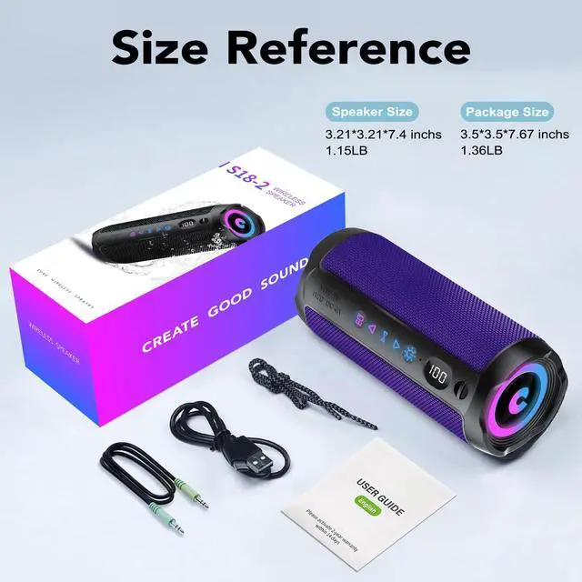 Alt view image 7 of 7 - Portable Bluetooth Speaker, Bluetooth 5.4 Speaker, Dual Speaker with LED Display, Deep Bass,25H Playtime, Colorful RGB Lights,IPX7 Waterproof,TWS Pairing for Outdoor/Home/Party/Travel, Purple