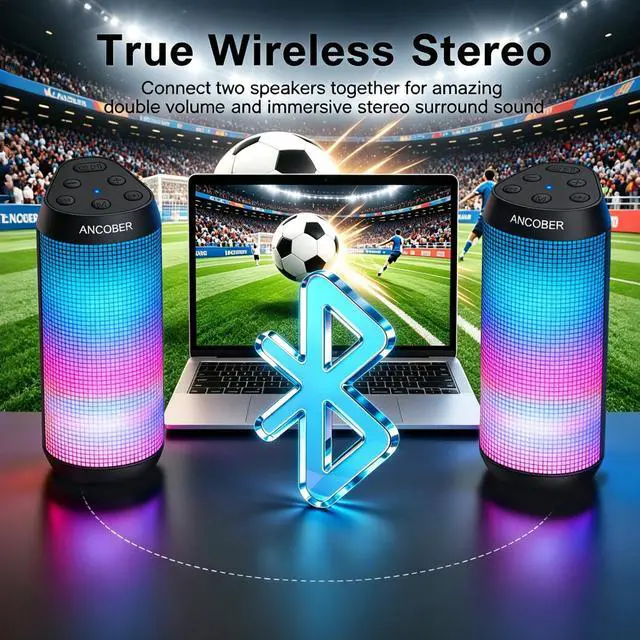 Alt view image 7 of 7 - Bluetooth Speaker, Portable Wireless, 20W HD Stereo Loud Sound, 8 Modes LED Light Show, 30H Playtime, IPX4 Waterproof, TWS Pairing, Built-in Mic, BT5.3, for Outdoor, Party, Travel, Home, Ideal Gifts
