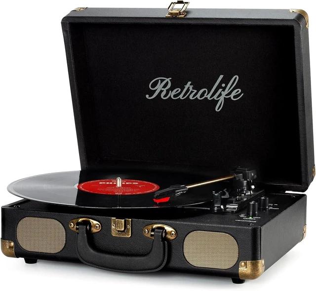Main image of ® Vinyl Record Player with Speakers, Bluetooth Vinyl Player-Black Portable, 3-Speed BT Turntable, Belt-Driven, RCA Line Out & Headphone Jack, Auto Stop, Plays 7/10/12" Records, 33/45/78 RPM