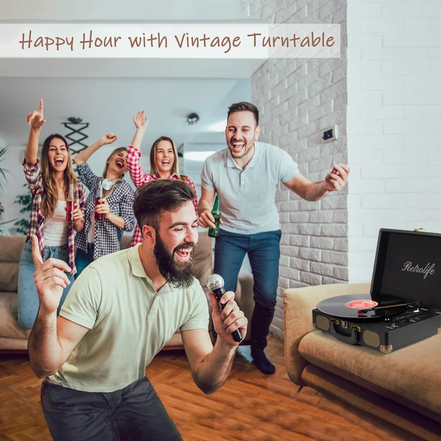 Alt view image 7 of 7 - ® Vinyl Record Player with Speakers, Bluetooth Vinyl Player-Black Portable, 3-Speed BT Turntable, Belt-Driven, RCA Line Out & Headphone Jack, Auto Stop, Plays 7/10/12" Records, 33/45/78 RPM