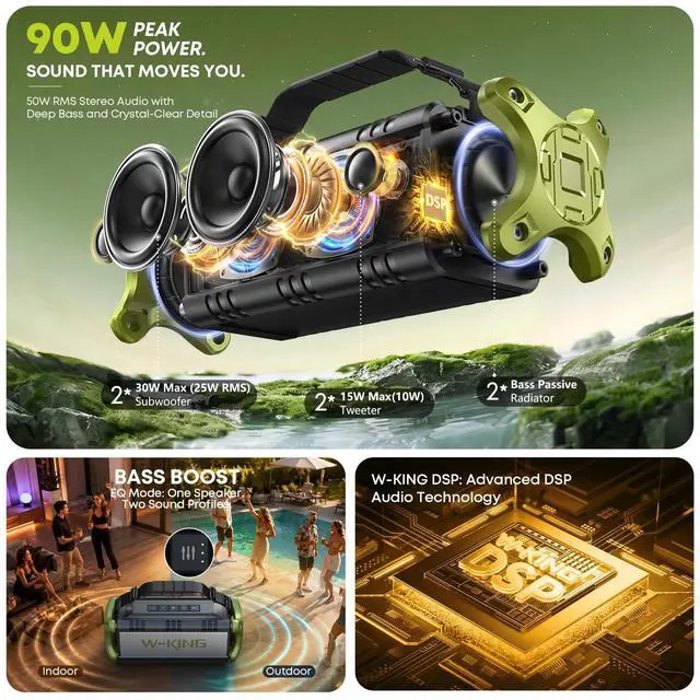 Alt view image 2 of 7 - Portable Speakers Bluetooth Wireless, 90W Max Loud Outdoor Speaker with Deep Bass, IPX6 Waterproof, Floatable, Custom EQ, 40H, Dual Pairing, Subwoofer *2, TF, Large Speaker for Beach/Garage/Jobsite