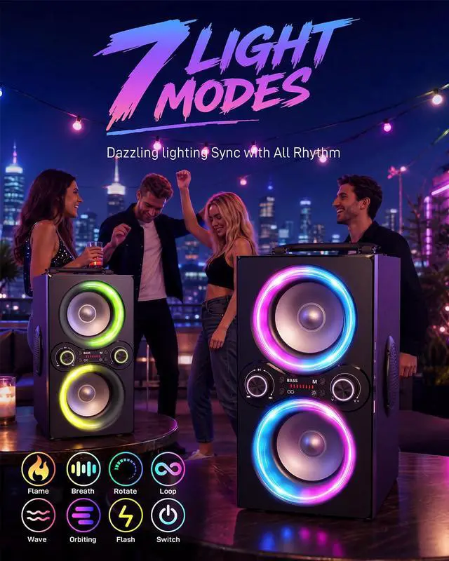 Alt view image 3 of 7 - Party Loud Bluetooth Speaker: 80W Peak Powerful Bass, Long Playtime, Vibrant Lights, Portable Wireless Speakers with TWS Pairing, Large Subwoofer for Outdoor, Garage & Home