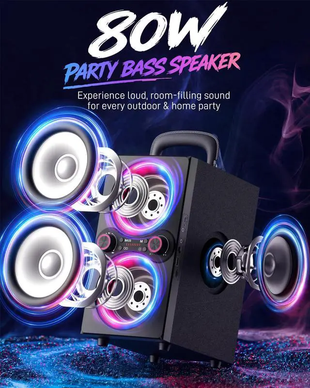 Alt view image 2 of 7 - Party Loud Bluetooth Speaker: 80W Peak Powerful Bass, Long Playtime, Vibrant Lights, Portable Wireless Speakers with TWS Pairing, Large Subwoofer for Outdoor, Garage & Home