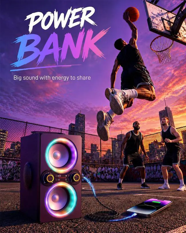 Alt view image 5 of 7 - Party Loud Bluetooth Speaker: 80W Peak Powerful Bass, Long Playtime, Vibrant Lights, Portable Wireless Speakers with TWS Pairing, Large Subwoofer for Outdoor, Garage & Home