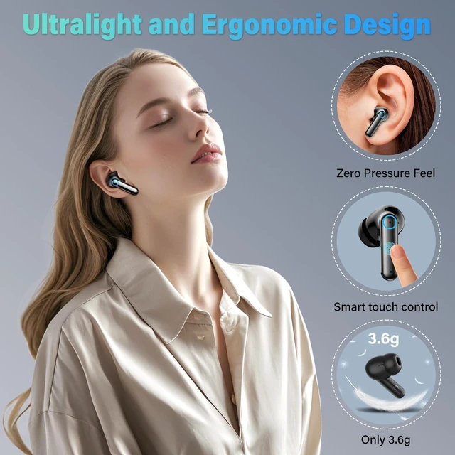 Alt view image 2 of 7 - Wireless Earbuds Bluetooth 5.4 Ear Buds, Hi-Fi Stereo Bass Ear Buds with 48H Playtime & LED Display, Lightweight in-Ear Headphones with Mic, Touch Control for Android & iOS(Black)