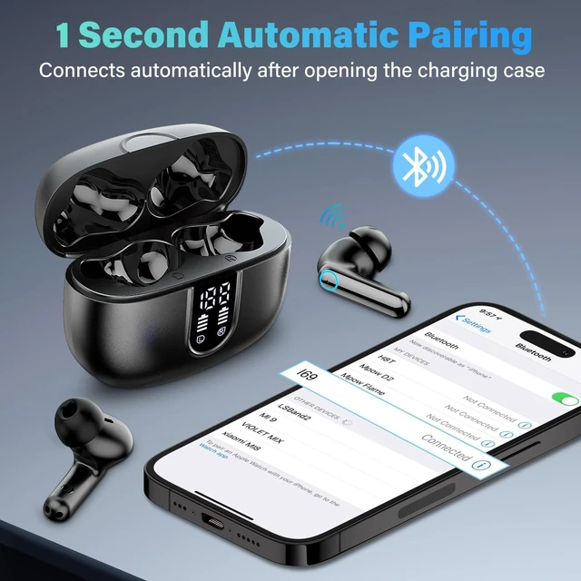 Alt view image 6 of 7 - Wireless Earbuds Bluetooth 5.4 Ear Buds, Hi-Fi Stereo Bass Ear Buds with 48H Playtime & LED Display, Lightweight in-Ear Headphones with Mic, Touch Control for Android & iOS(Black)