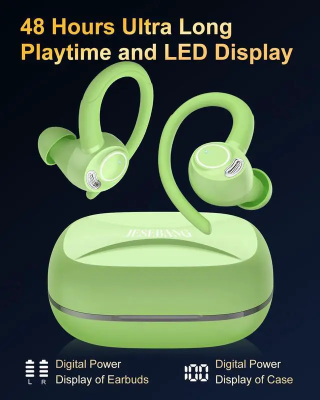 Alt view image 5 of 7 - Wireless Earbuds, Bluetooth 5.4 Headphones Sport, Over Ear Buds With ENC Noise Cancelling Mic, 48H, Wireless Earphone With Earhooks, Stereo Deep Bass, IP7 Waterproof ear bud for Workout Running, Green