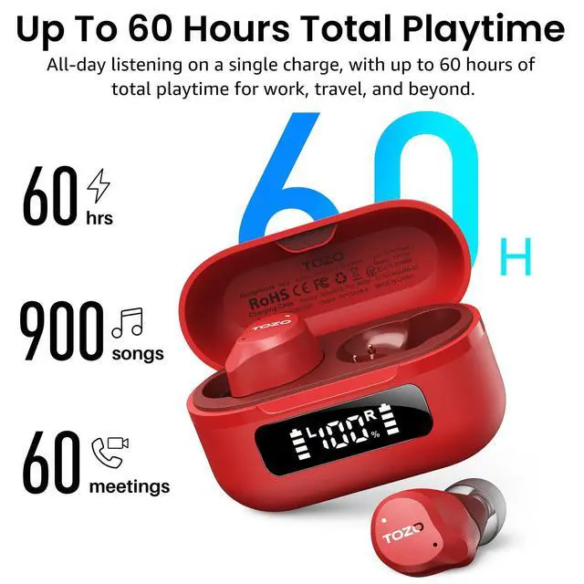 Alt view image 4 of 7 - NC9 Hybrid Active Noise Cancelling Wireless Earbuds, 60H, LED Display