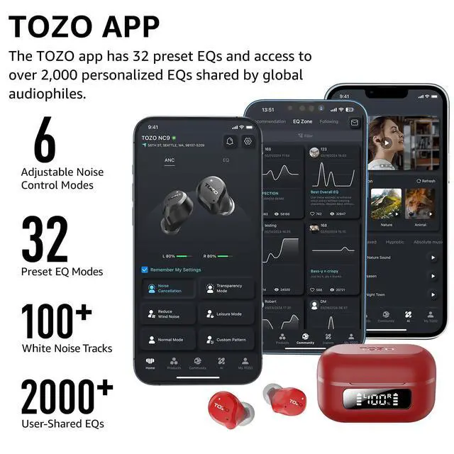 Alt view image 6 of 7 - NC9 Hybrid Active Noise Cancelling Wireless Earbuds, 60H, LED Display