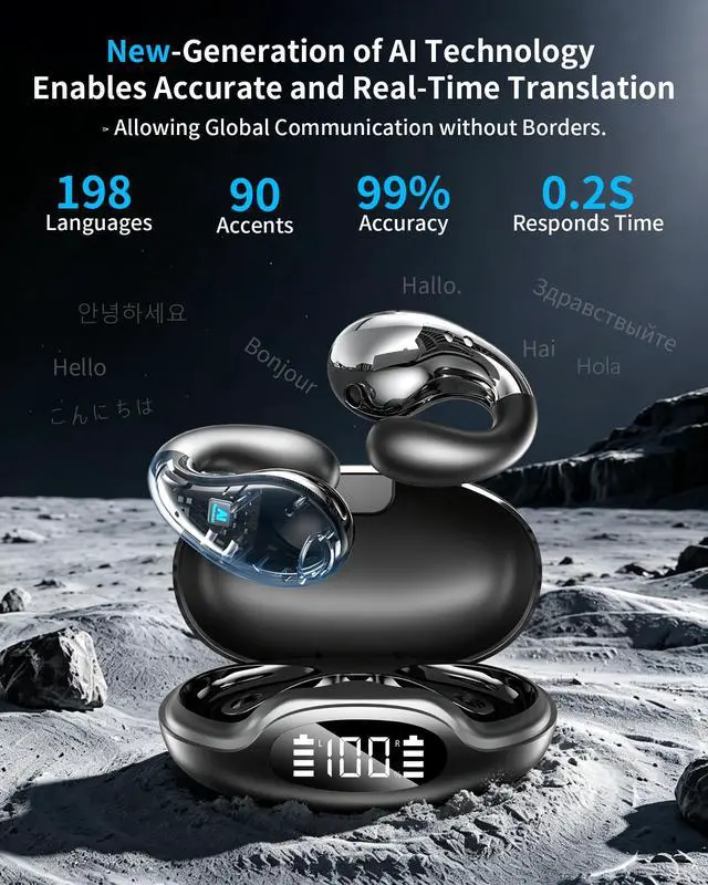 Alt view image 7 of 7 - Clip on Open Ear Earbuds Wireless Bluetooth with Real-Time AI Translator, 50H Playtime Bone Conduction Headphones for Travel, Meetings, Running (Black)