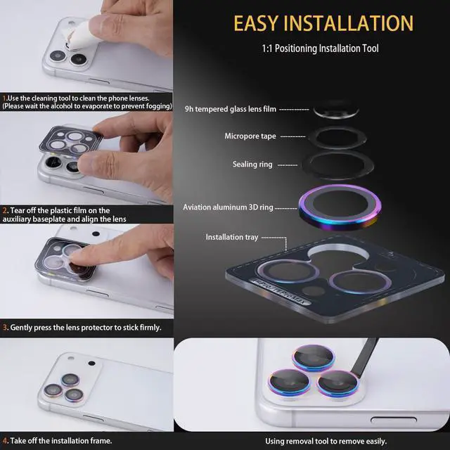 Alt view image 6 of 6 - Camera Lens Protector for iPhone 17 Pro/17 Pro Max, Aluminum Alloy Tempered Glass Lens Protector with Installation Frame Fits for iPhone 17 Pro/17 Pro Max (Diamond Silver)