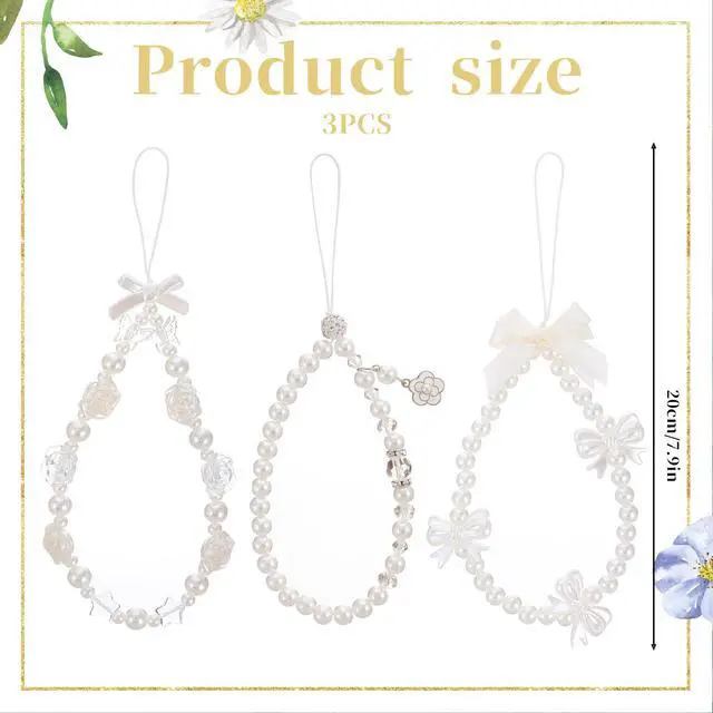 Alt view image 2 of 7 - 3 PCS Camera Charm Strap, Cute Butterfly Bow Camera Strap Bow Beaded Phone Charm Lanyard Straps White Pearl Chain Wrist Lanyard Chain, Phone Wrist Straps for Keychain Wallet Pendant Decor Valentine