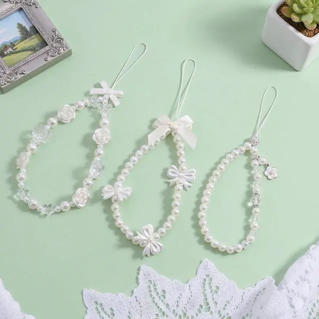 Alt view image 3 of 7 - 3 PCS Camera Charm Strap, Cute Butterfly Bow Camera Strap Bow Beaded Phone Charm Lanyard Straps White Pearl Chain Wrist Lanyard Chain, Phone Wrist Straps for Keychain Wallet Pendant Decor Valentine