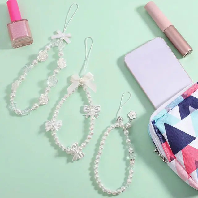 Alt view image 4 of 7 - 3 PCS Camera Charm Strap, Cute Butterfly Bow Camera Strap Bow Beaded Phone Charm Lanyard Straps White Pearl Chain Wrist Lanyard Chain, Phone Wrist Straps for Keychain Wallet Pendant Decor Valentine
