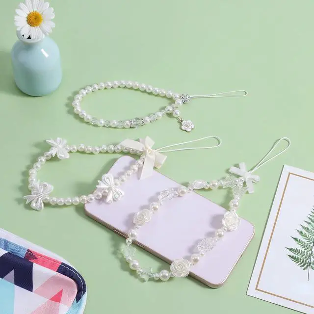 Alt view image 5 of 7 - 3 PCS Camera Charm Strap, Cute Butterfly Bow Camera Strap Bow Beaded Phone Charm Lanyard Straps White Pearl Chain Wrist Lanyard Chain, Phone Wrist Straps for Keychain Wallet Pendant Decor Valentine