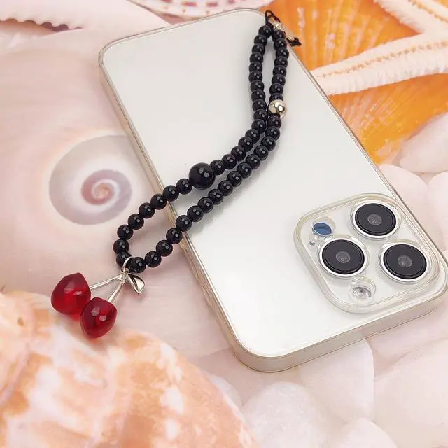 Alt view image 5 of 7 - Phone Charms Cute Cherry Butterfly Cell Phone Lanyard Strap Wrist Strap for Bag Airpods Camera Pendants Decor (Black Cherry)