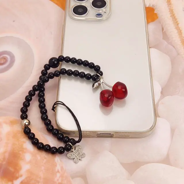 Alt view image 6 of 7 - Phone Charms Cute Cherry Butterfly Cell Phone Lanyard Strap Wrist Strap for Bag Airpods Camera Pendants Decor (Black Cherry)