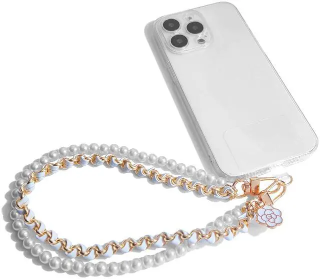 Main image of Phone Charm Anti Lost Wrist Strap Pearl Beaded Dual Phone Chain Hand Straps for Keychain Wallet Camera White