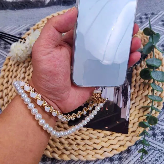 Alt view image 3 of 7 - Phone Charm Anti Lost Wrist Strap Pearl Beaded Dual Phone Chain Hand Straps for Keychain Wallet Camera White