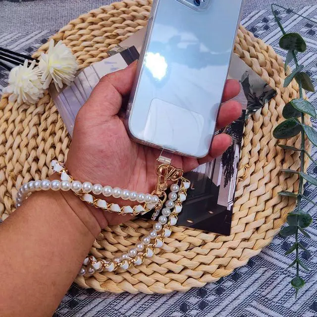 Alt view image 4 of 7 - Phone Charm Anti Lost Wrist Strap Pearl Beaded Dual Phone Chain Hand Straps for Keychain Wallet Camera White