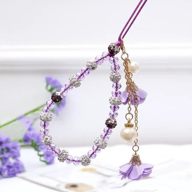 Alt view image 2 of 7 - Crystal Flower Pendant Keychains Beaded Phone Strap Lanyard Anti-Lost and Non-Slip Mobile Phone Strap for Handbag Decoration Accessories Purple