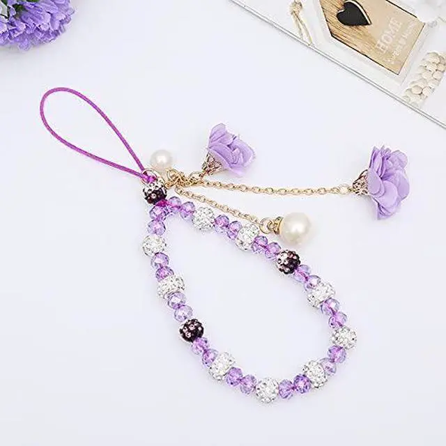 Alt view image 3 of 3 - Purple Cell Phone Straps Crystal Flower Lanyard Charms- Decoration Pendant Accessories Cute Keychain for Car Key, Slip Mobile Phone Wrist Chain String Hanging Cord for Camera Handbag