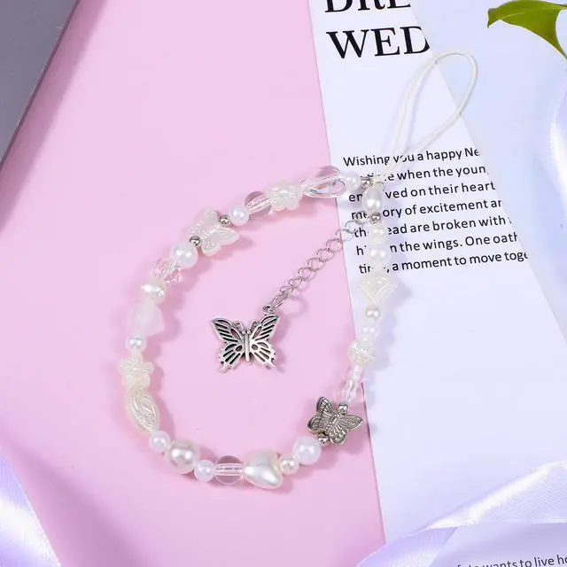 Alt view image 7 of 7 - Beaded Camera Wrist Strap Butterfly Cellphone Lanyard Strap Y2K Phone Charms Cute Pearl Digital Camera Charm Lanyard Aesthetic Phone Wrist Straps for Women Girls