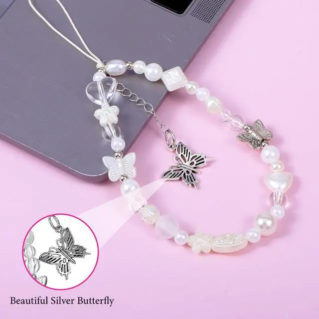 Alt view image 5 of 7 - Beaded Camera Wrist Strap Butterfly Cellphone Lanyard Strap Y2K Phone Charms Cute Pearl Digital Camera Charm Lanyard Aesthetic Phone Wrist Straps for Women Girls