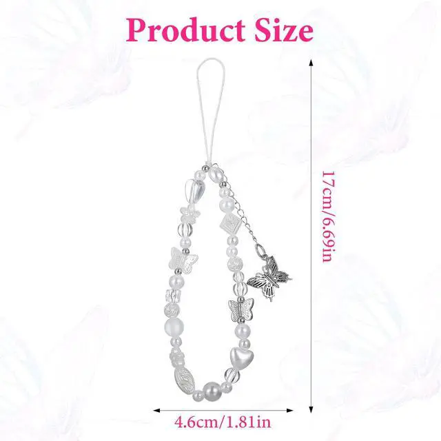 Alt view image 6 of 7 - Beaded Camera Wrist Strap Butterfly Cellphone Lanyard Strap Y2K Phone Charms Cute Pearl Digital Camera Charm Lanyard Aesthetic Phone Wrist Straps for Women Girls