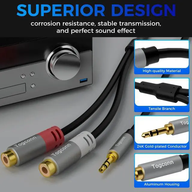 Alt view image 3 of 6 - 3.5mm to 2 RCA Audio Y-Splitter Cable 0.6 Feet, 1/8 Inch (3.5mm) TRS Stereo Male to Dual RCA Female Hi-Fi Sound Auxiliary Y Adapter Converter Connector for iPhone, Tablet Computer, MP3, Speaker