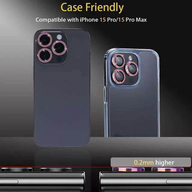 Alt view image 2 of 6 - Camera Lens Protector for iPhone 15 Pro/Pro Max, Tempered Glass, Aluminum Alloy Ring, Glitter Pink