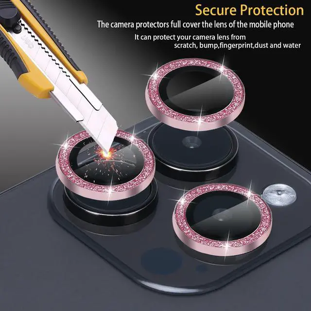 Alt view image 3 of 6 - Camera Lens Protector for iPhone 15 Pro/Pro Max, Tempered Glass, Aluminum Alloy Ring, Glitter Pink