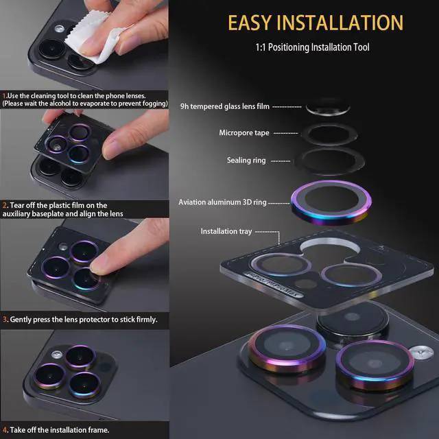 Alt view image 6 of 6 - Camera Lens Protector for iPhone 15 Pro/Pro Max, Tempered Glass, Aluminum Alloy Ring, Glitter Pink