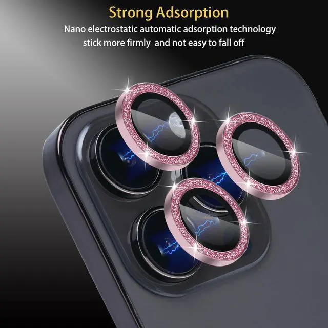 Alt view image 5 of 6 - Camera Lens Protector for iPhone 15 Pro/Pro Max, Tempered Glass, Aluminum Alloy Ring, Glitter Pink