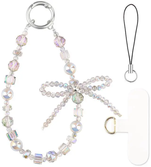 Main image of Phone Charm Wrist Strap, Beaded Phone Bracelet Strap for Women, Wristlet Chain for Cellphone Camera, Crystal Bow