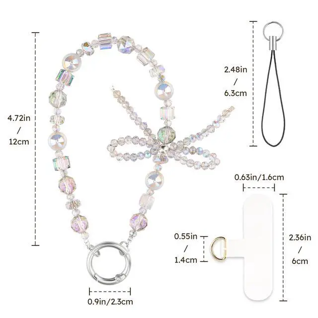 Alt view image 3 of 7 - Phone Charm Wrist Strap, Beaded Phone Bracelet Strap for Women, Wristlet Chain for Cellphone Camera, Crystal Bow