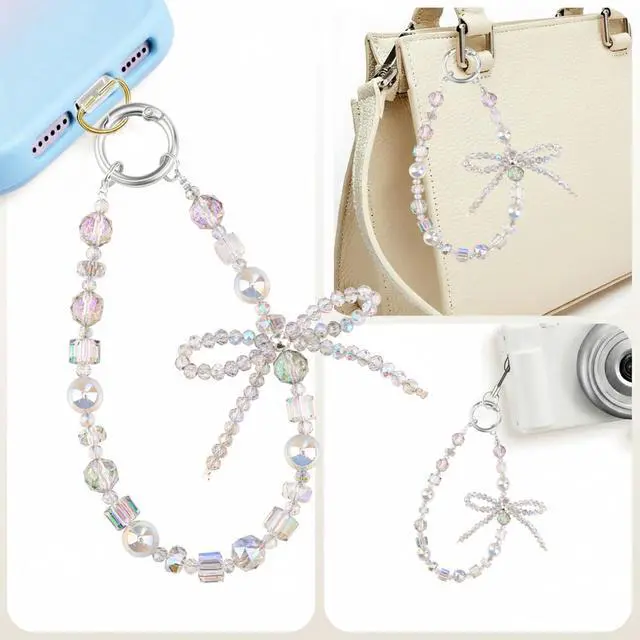 Alt view image 4 of 7 - Phone Charm Wrist Strap, Beaded Phone Bracelet Strap for Women, Wristlet Chain for Cellphone Camera, Crystal Bow
