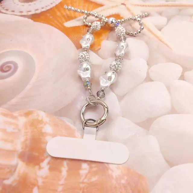 Alt view image 2 of 6 - Cute Phone Wrist Strap Chic Beaded Cellphone Lanyard with Tether Tab Phone Charm Grip Strap for PhoneBag Purses Keys (Silver Pearls)