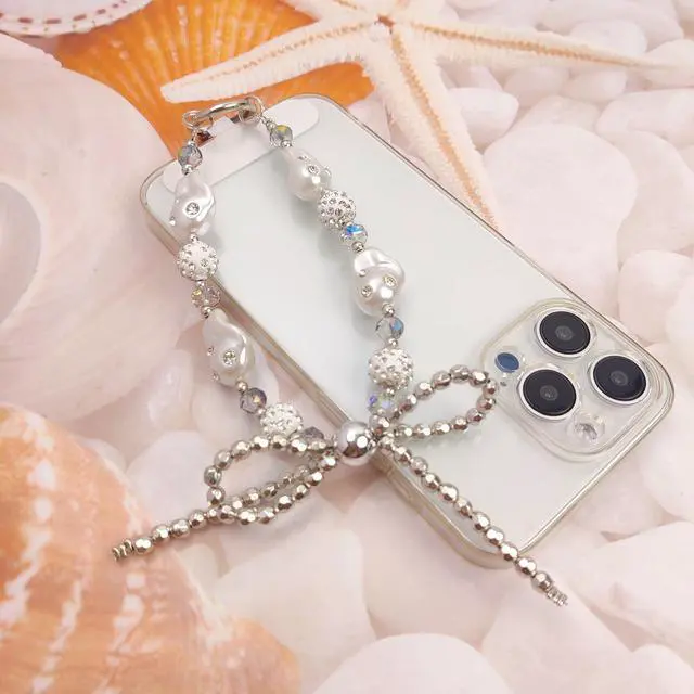 Alt view image 5 of 6 - Cute Phone Wrist Strap Chic Beaded Cellphone Lanyard with Tether Tab Phone Charm Grip Strap for PhoneBag Purses Keys (Silver Pearls)