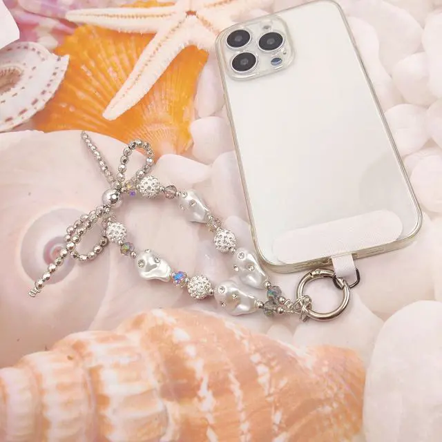 Alt view image 6 of 6 - Cute Phone Wrist Strap Chic Beaded Cellphone Lanyard with Tether Tab Phone Charm Grip Strap for PhoneBag Purses Keys (Silver Pearls)