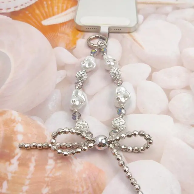 Alt view image 3 of 6 - Cute Phone Wrist Strap Chic Beaded Cellphone Lanyard with Tether Tab Phone Charm Grip Strap for PhoneBag Purses Keys (Silver Pearls)