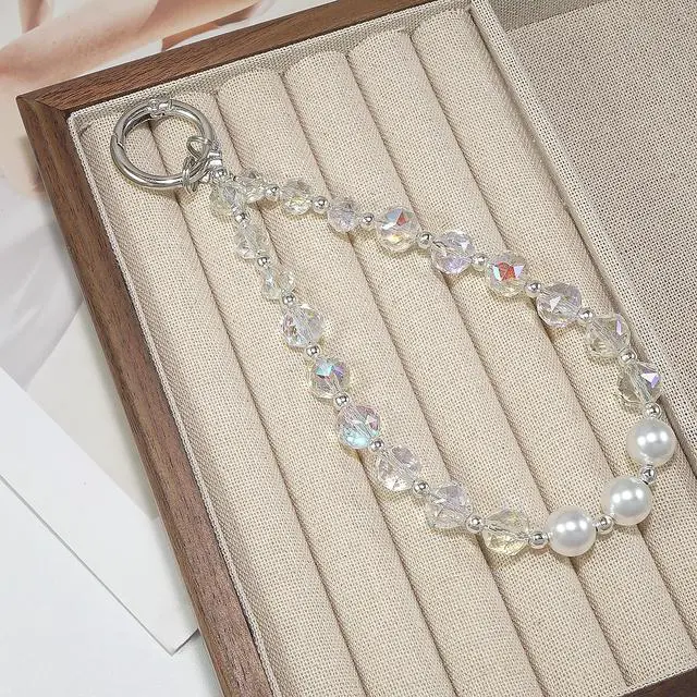 Alt view image 2 of 7 - Sparkle Crystal Pearl Phone Wrist Strap for Women, Sparkling Beaded Cellphone Lanyard Chain, Bling Glam Wristlet Bracelet, Fashion Phone Accessory Gift (White)