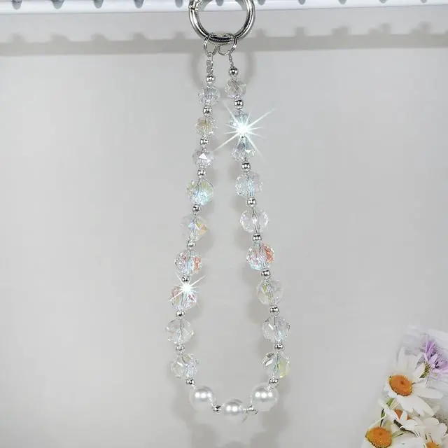 Alt view image 3 of 7 - Sparkle Crystal Pearl Phone Wrist Strap for Women, Sparkling Beaded Cellphone Lanyard Chain, Bling Glam Wristlet Bracelet, Fashion Phone Accessory Gift (White)