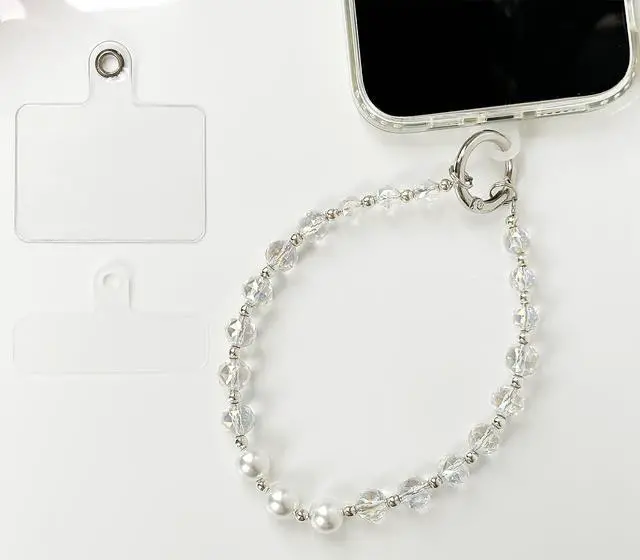 Alt view image 4 of 7 - Sparkle Crystal Pearl Phone Wrist Strap for Women, Sparkling Beaded Cellphone Lanyard Chain, Bling Glam Wristlet Bracelet, Fashion Phone Accessory Gift (White)