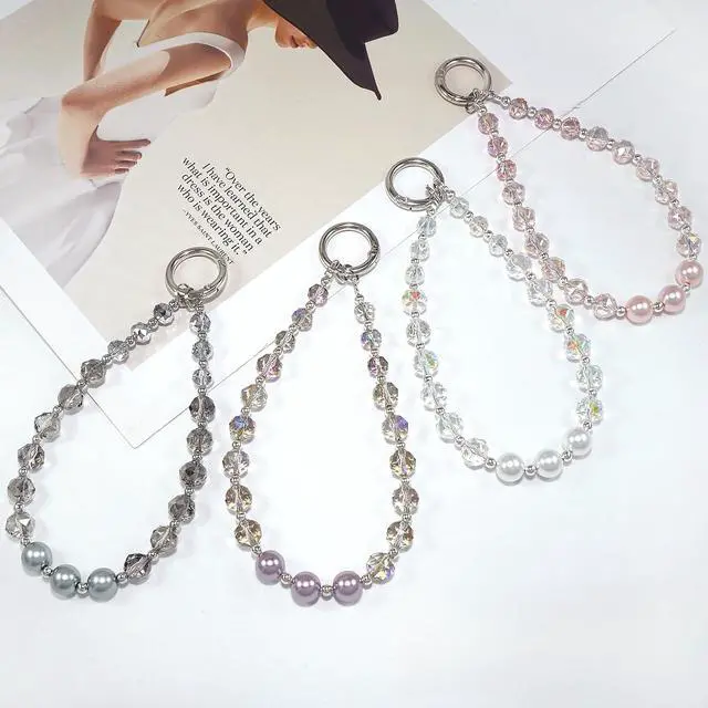 Alt view image 6 of 7 - Sparkle Crystal Pearl Phone Wrist Strap for Women, Sparkling Beaded Cellphone Lanyard Chain, Bling Glam Wristlet Bracelet, Fashion Phone Accessory Gift (White)