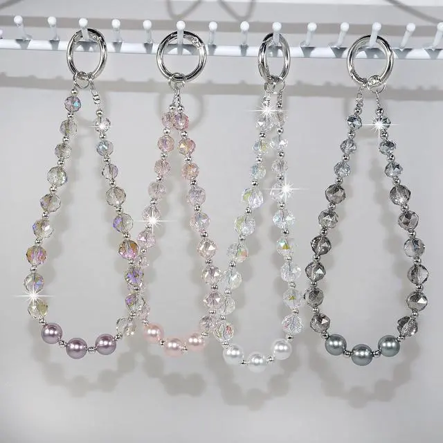 Alt view image 7 of 7 - Sparkle Crystal Pearl Phone Wrist Strap for Women, Sparkling Beaded Cellphone Lanyard Chain, Bling Glam Wristlet Bracelet, Fashion Phone Accessory Gift (White)