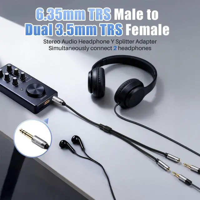 Alt view image 3 of 6 - 6.35mm to Double 3.5mm Headphone Y Adapter,6.35mm 1/4 Inch TRS Male to Dual 3.5mm 1/8 Inch TRS Female Stereo Audio Y Splitter Cable for Headphones, Guitar, Speakers, Amplifiers, Mixers-1Feet/12 Inch