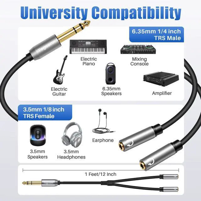 Alt view image 6 of 6 - 6.35mm to Double 3.5mm Headphone Y Adapter,6.35mm 1/4 Inch TRS Male to Dual 3.5mm 1/8 Inch TRS Female Stereo Audio Y Splitter Cable for Headphones, Guitar, Speakers, Amplifiers, Mixers-1Feet/12 Inch