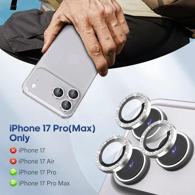 Alt view image 2 of 7 - for iPhone 17 Pro / 17 Pro Max Camera Lens Protector Bling, Individual Diamond Metal Ring with 9H Hardness, Scratch-Proof Camera Screen Protector, Stylish Accessories, Case Friendly (Silver)