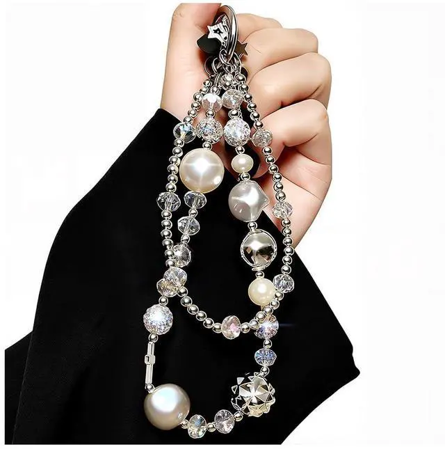 Main image of Luxury Pearl Phone Wrist Strap Crystal Diamond Beaded Keychain Wristlet for Phone Chain Wristlet Glitter Rhinestone Cellphone Lanyard Dual Chains Phone Strap Wrist Keychain Bag Charms for Handbags